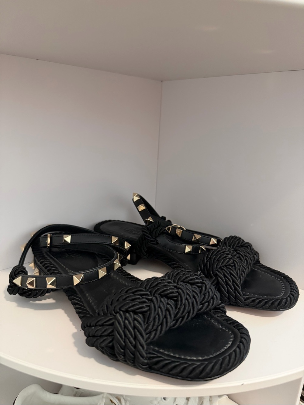 Valentino Garavani Black Rope Knot Studded Ankle Strap Sandals